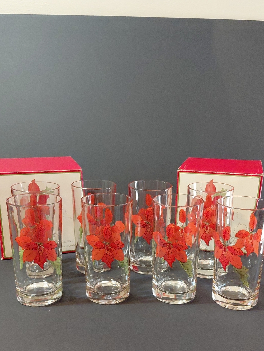 Vintage Lot of 8 Crisal Portugal Mary Lou Goertzen Pointsettia Highball Glasses